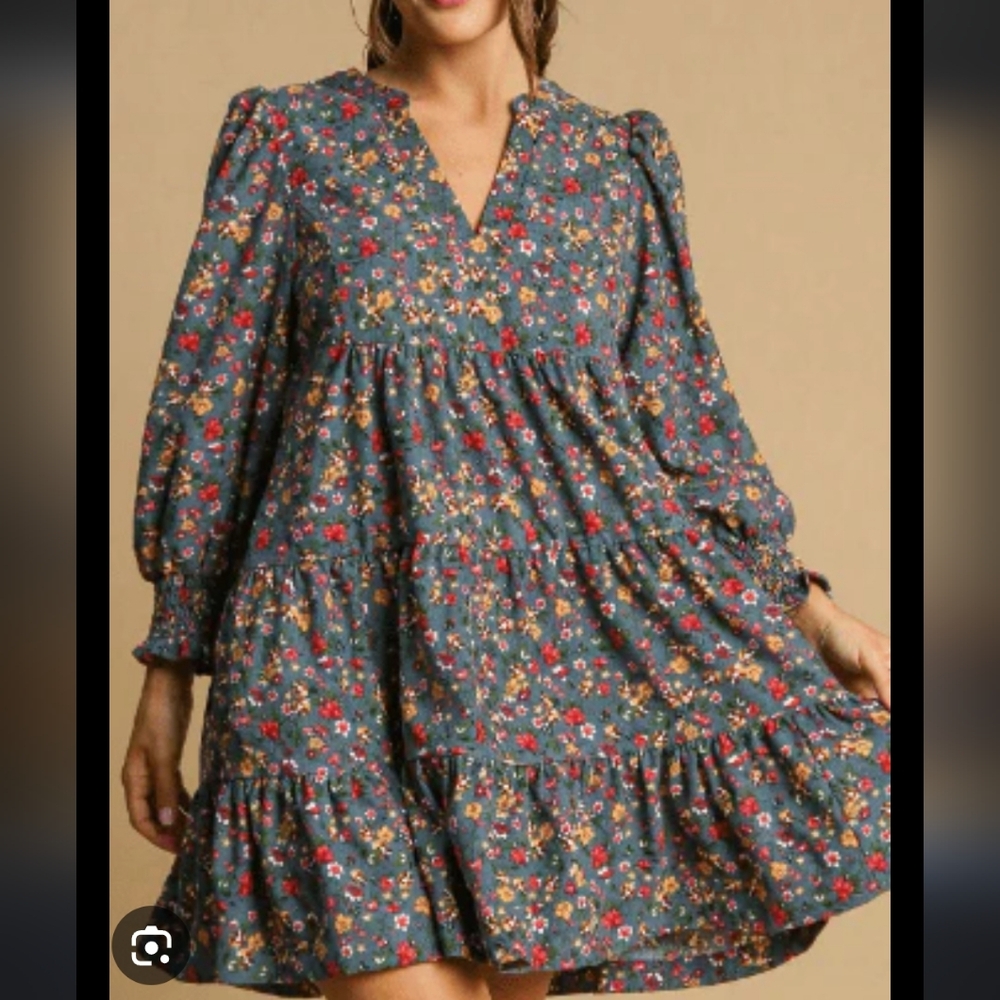 Umgee Long Sleeve Floral Dress in Blue with Red and Yellow